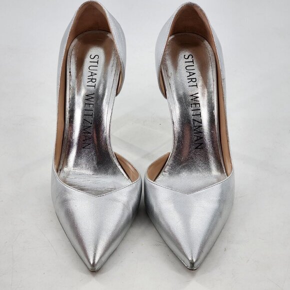 STUART WEITZMAN Anny X Heel 100 Pump Silver Leather Pointed Toe - Picture 4 of 11